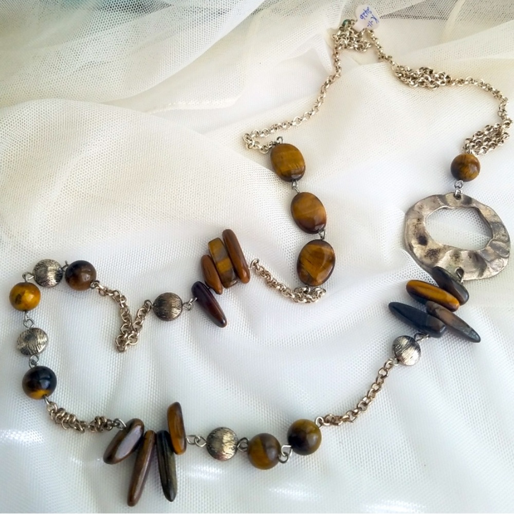 Genuine Gemstone Tiger Eye Chunky Chain Long Necklace NWT